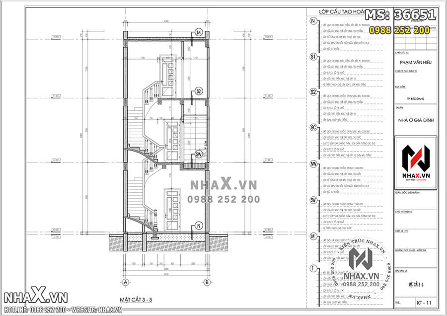 Hình ảnh: Mặt cắt 3-3 của mẫu nhà ống 3 tầng 65m2